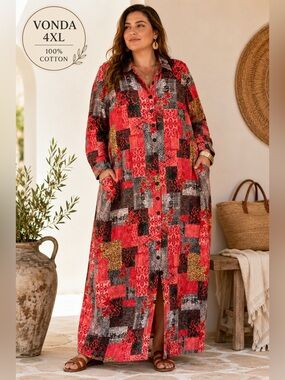 VONDA 4XL 100% Cotton Patchwork Print Button Front Shirt Dress Maxi Plus Size